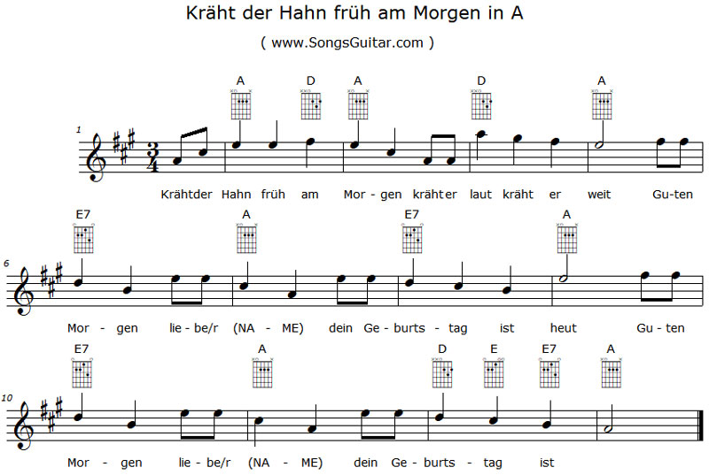 Kräht der Hahn früh am Morgen in A (www.SongsGuitar.com)
