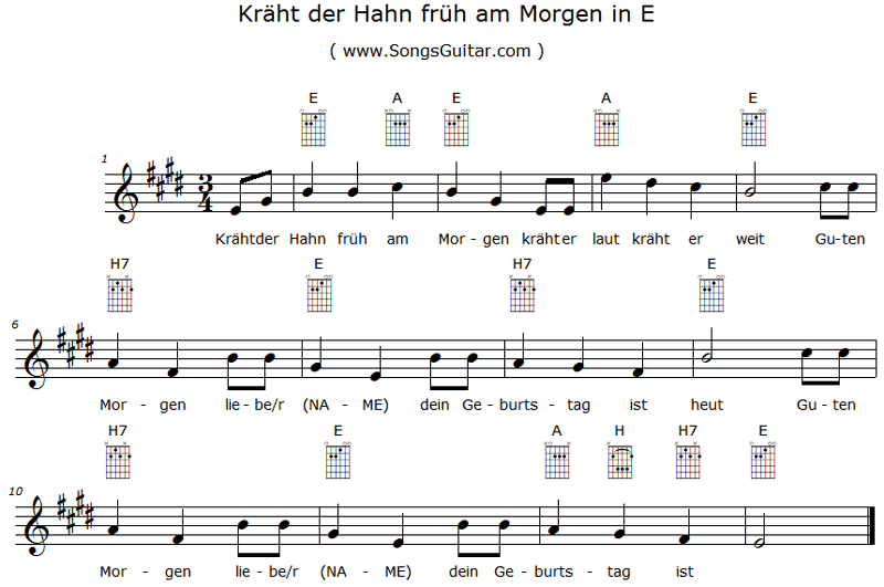 Kräht der Hahn früh am Morgen E | Noten Text Gitarrengriffe Akkorde Playback (www.SongsGuitar.com)