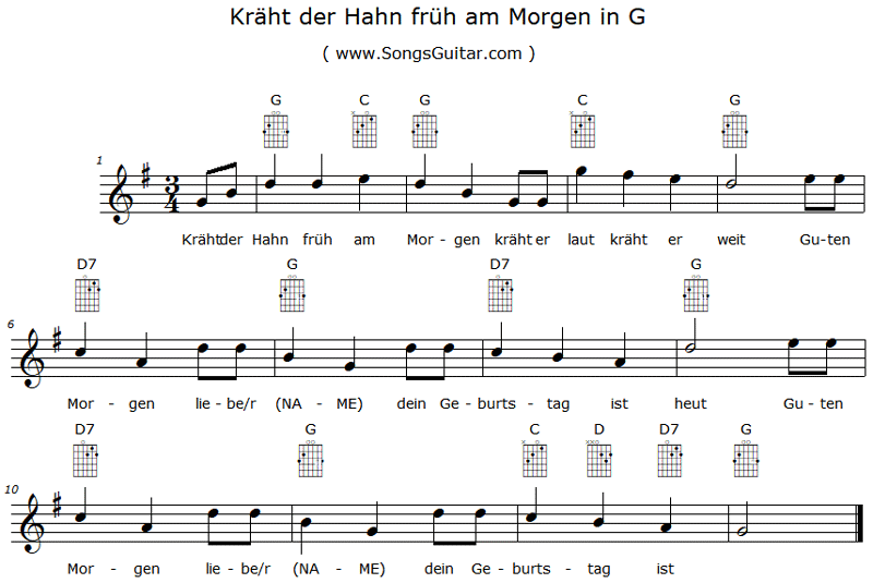 Kräht der Hahn früh am Morgen G | Noten Text Gitarrengriffe Akkorde Playback (www.SongsGuitar.com)