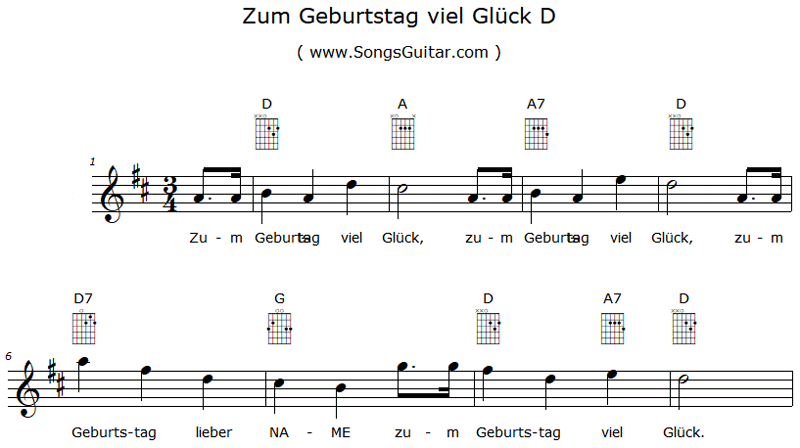 Zum Geburtstag viel Glück D | Noten Text Gitarrengriffe Akkorde Playback (www.SongsGuitar.com)