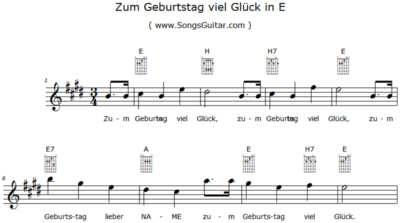 Zum Geburtstag viel Glück E | Noten Text Gitarrengriffe Akkorde Playback (www.SongsGuitar.com)