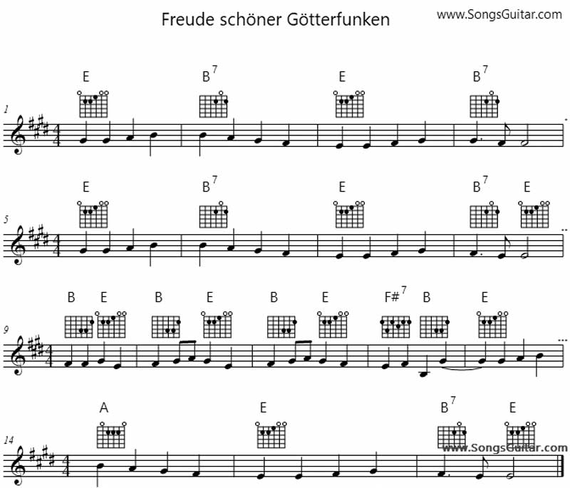 Freude schöner Götterfunken E-Dur | Gitarre Akkorde Noten Text Melodie