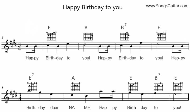 Happy Birthday to you in E-Dur | Gitarre Akkorde Noten Text Melodie